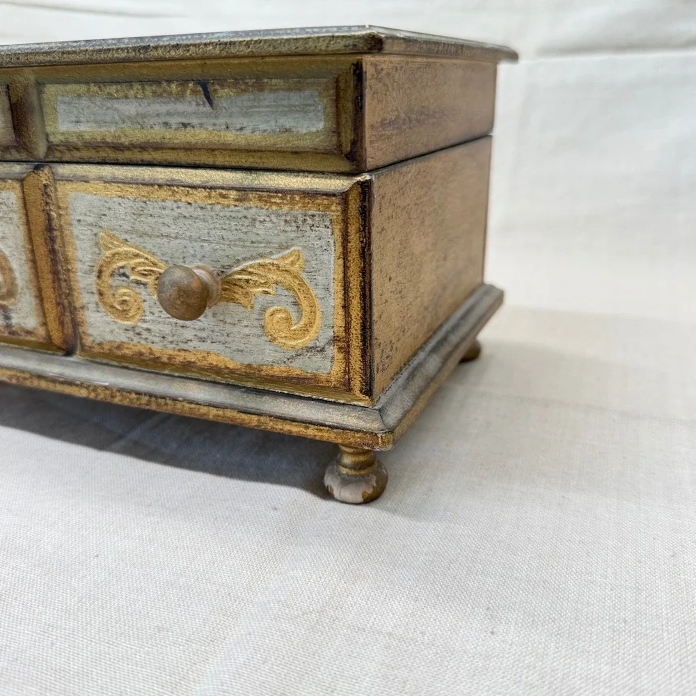 Vintage Italian Florentine Jewelry Box Gold Gilt Wood Red Velvet Mirror Trinket